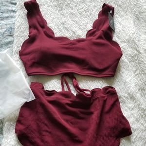 Zaful Cranberry Scalloped Swimsuit XL